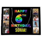 6誕生日：レインボー文字カスタム、写真&名前 ラージペーパーバッグ (正面)
