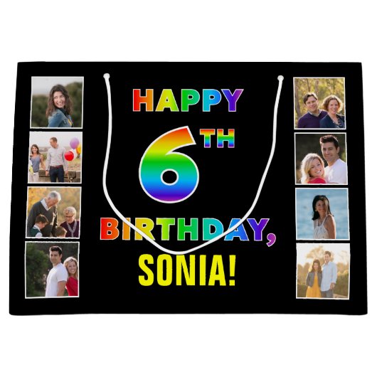 6誕生日：レインボー文字カスタム、写真&名前 ラージペーパーバッグ (正面)