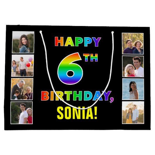 6誕生日:レインボー文字カスタム、写真&名前 ラージペーパーバッグ (裏面)