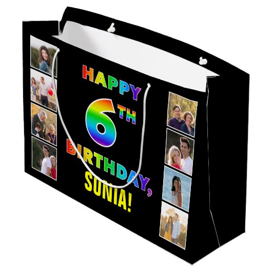 6誕生日:レインボー文字カスタム、写真&名前 ラージペーパーバッグ (裏面アングル)