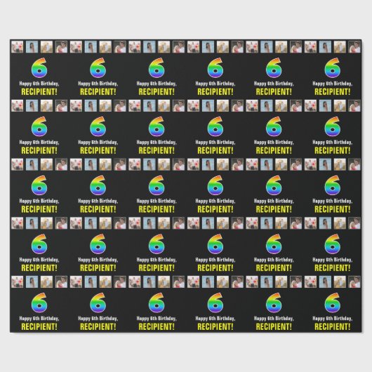 6誕生日:レインボー「6」;写真カスタムと名前 ラッピングペーパー (シーム)