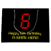6誕生日：レッドデジタルクロックスタイル"6" +名前 ラージペーパーバッグ (正面)