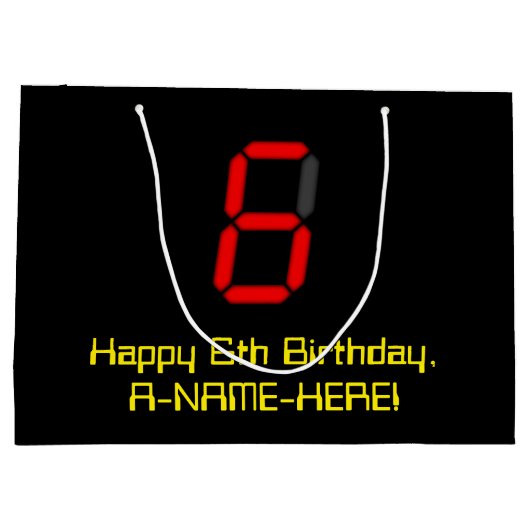 6誕生日：レッドデジタルクロックスタイル"6" +名前 ラージペーパーバッグ (裏面)