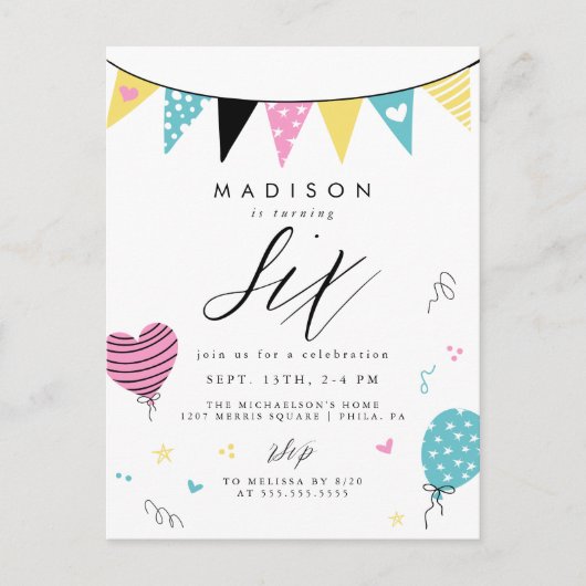 6誕生日 |可愛いドードル誕生日パーティーポストカード ポストカード (正面)