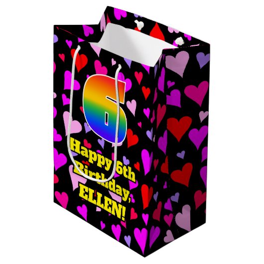 6誕生日:愛するハートパターン、虹# 6 ミディアムペーパーバッグ (正面アングル)