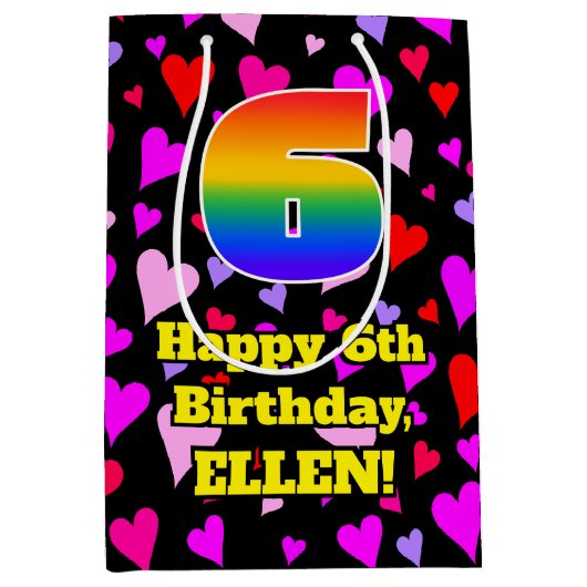 6誕生日：愛するハートパターン、虹# 6 ミディアムペーパーバッグ (正面)