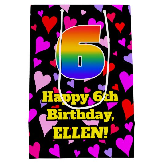 6誕生日：愛するハートパターン、虹# 6 ミディアムペーパーバッグ (裏面)