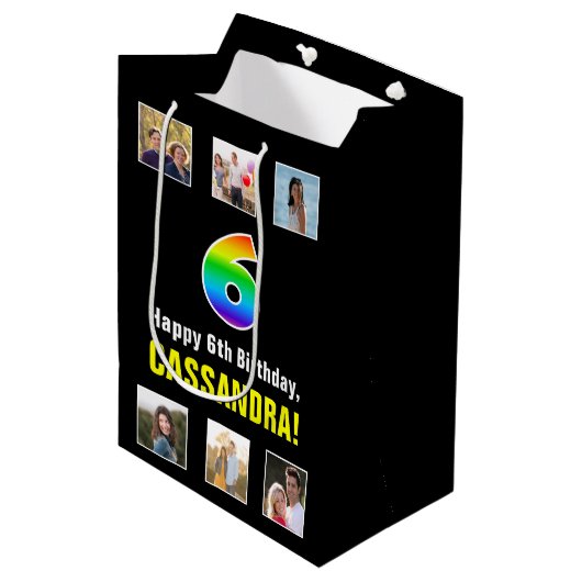 6誕生日: Rainbow "6"，写真カスタムと名前 ミディアムペーパーバッグ (正面アングル)