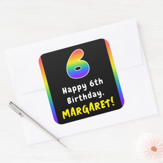 6誕生日: Rainbow Spectrum #6、名前をカスタムする スクエアシール (封筒)