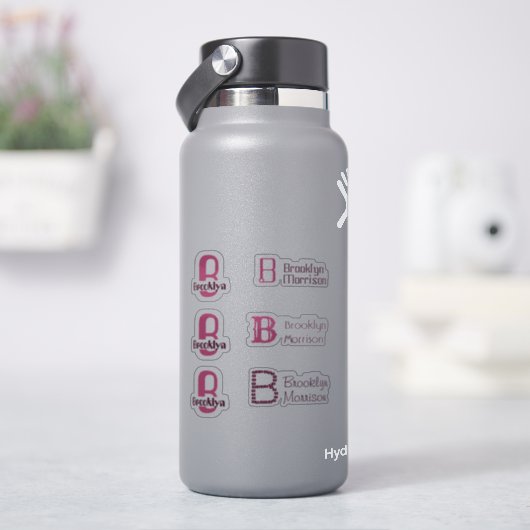 6防水ピンクモノグラム名キッズウォーターボトル シール (HydroFlask)