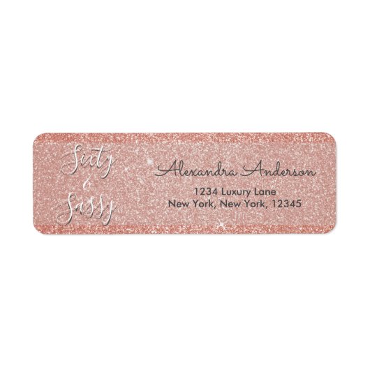 60およびサシー誕生日バラ金ゴールド赤面ピンクグリッター ラベル (正面)