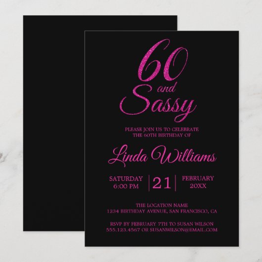 60および粋なピンクのグリッターの第60誕生会 招待状 (正面/裏面)