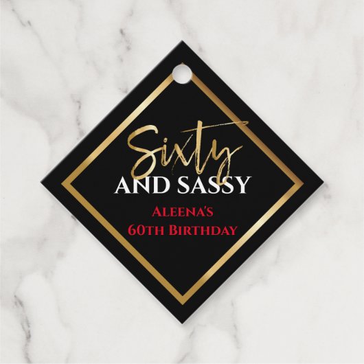 60およびSASSY誕生日ブラック金ゴールドギフトラベル フェイバータグ (正面)