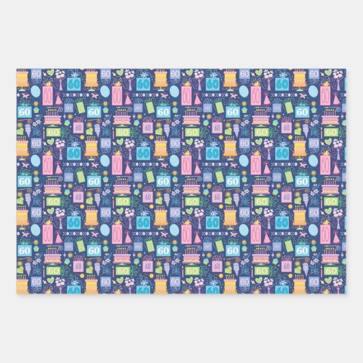 60お誕生日ケーキプレゼントバルーン青 ラッピングペーパーシート (正面3)