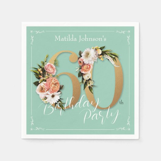 60かわいらしth誕生日ミント金ゴールドフローラグラマラス スタンダードカクテルナプキン (正面)