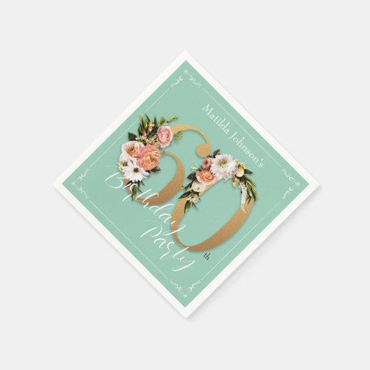 60かわいらしth誕生日ミント金ゴールドフローラグラマラス スタンダードカクテルナプキン (角)