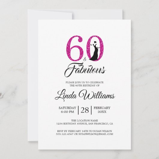 60すばらしいショッキングピンクのグリッターの第60誕生会 招待状 (正面)