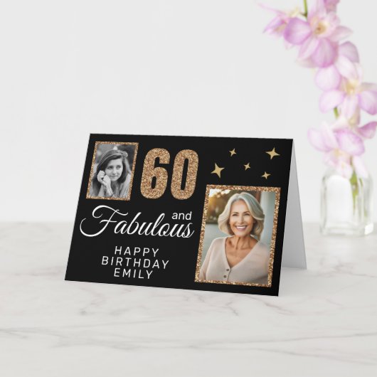 60でファビュラスなゴールドグリッター 2枚の写真 60歳の誕生日 カード (蘭)