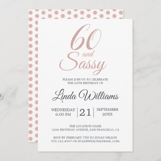 60とサッシピンクグリッター60th誕生日パーティー 招待状 (正面/裏面)