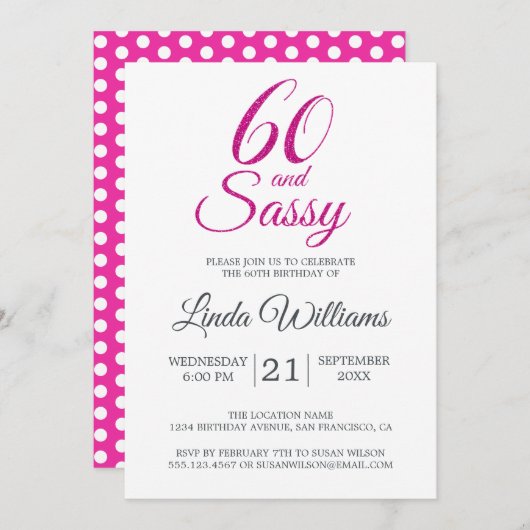 60とサッシピンクグリッター60th誕生日パーティー 招待状 (正面/裏面)