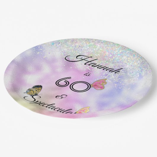 60と壮大なキラキラ蝶誕生日 ペーパープレート (アングル)