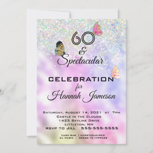 60と壮観なキラキラの蝶パーティー 招待状 (正面)
