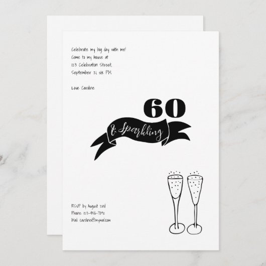 60と手きらめく引き白黒 招待状 (正面/裏面)
