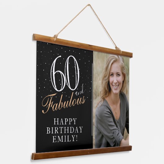 60と素晴らしいエレガントブラック60th誕生日写真 吊り下げ型タペストリー (傾斜あり)