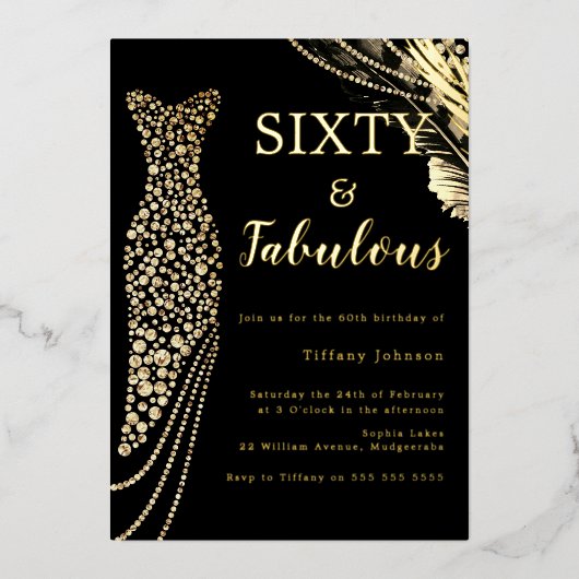 60と素晴らしいエレガント金ゴールドドレス60誕生日 箔招待状 (正面)