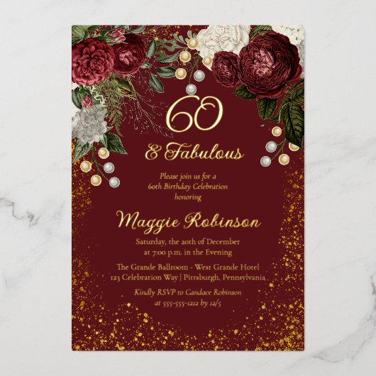 60と素晴らしいグラムバラフローラ誕生日パーティー 箔招待状 (正面)