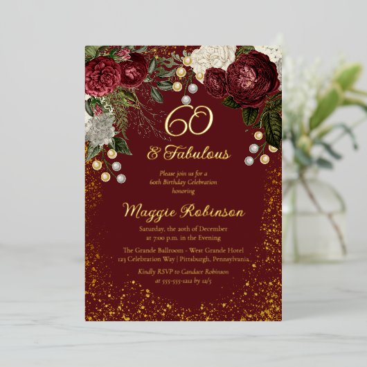 60と素晴らしいグラムバラフローラ誕生日パーティー 箔招待状 (立ち正面)