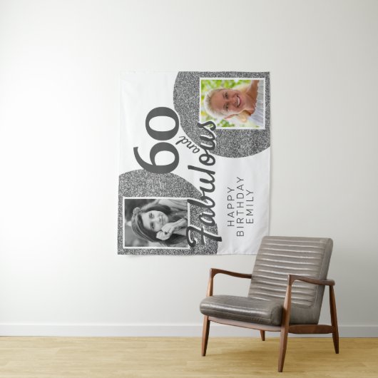 60と素晴らしいシルバーグリッター2フォト誕生日 タペストリー (インサイチュ)