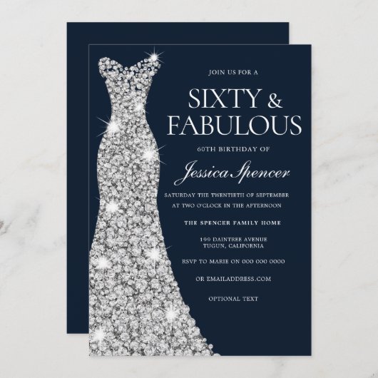 60と素晴らしいシルバーダイヤモンドガウン60誕生日 招待状 (正面/裏面)