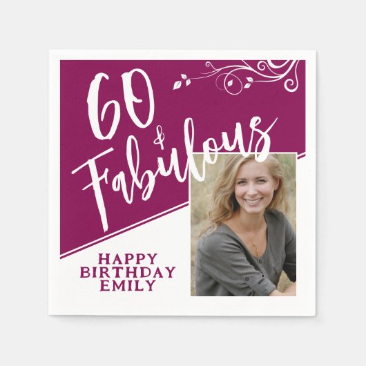60と素晴らしいスクリプトフォトマゼンタ60誕生日 スタンダードカクテルナプキン (正面)