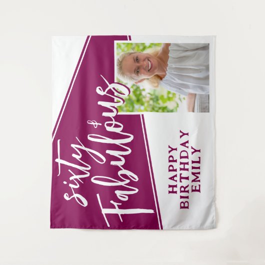 60と素晴らしいスクリプトマゼンタフォト60誕生日 タペストリー (正面)