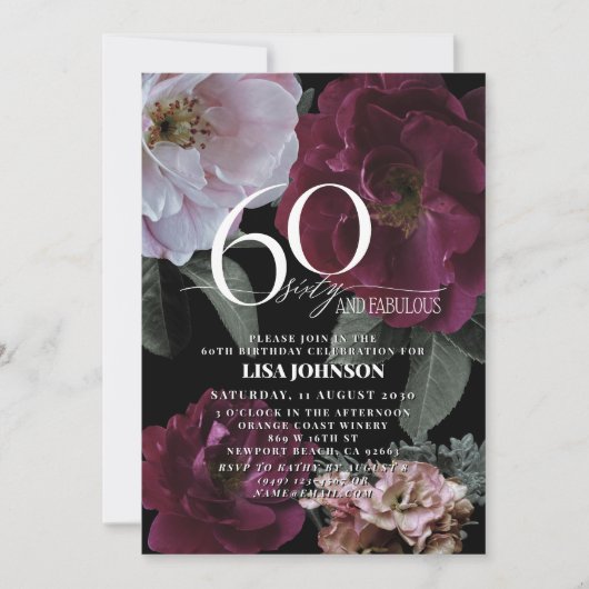 60と素晴らしいダークモダンムーディバーガンディーピンク 招待状 (正面)
