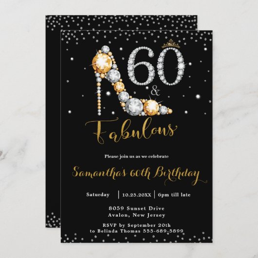 60と素晴らしいハイヒールダイヤモンド60誕生日 招待状 (正面/裏面)