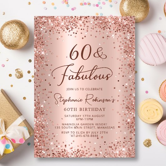 60と素晴らしいバラ金ゴールドグリッター60th誕生日 招待状
