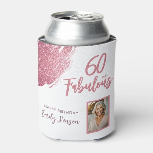 60と素晴らしいピンクのグリッター写真60誕生日 缶クーラー (缶正面)
