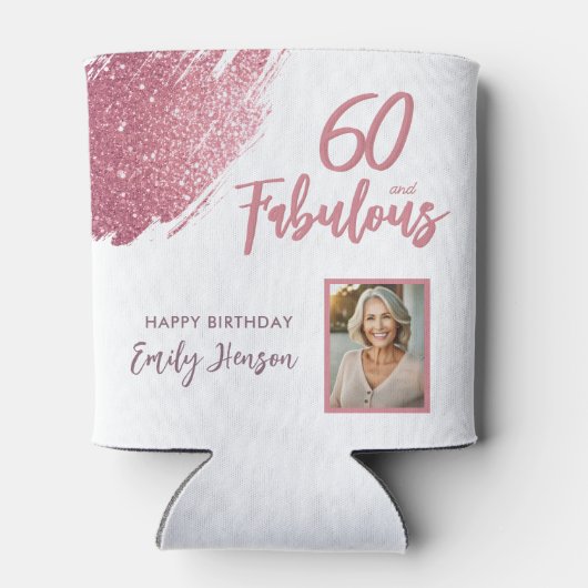 60と素晴らしいピンクのグリッター写真60誕生日 缶クーラー (裏面)