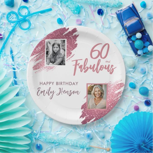60と素晴らしいピンクのグリッター2写真60誕生日 ペーパープレート (パーティー)