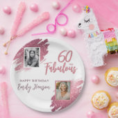 60と素晴らしいピンクのグリッター2写真60誕生日 ペーパープレート (パーティー)