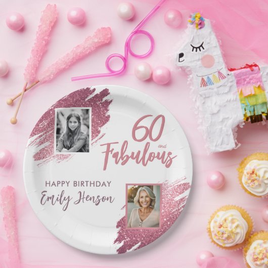 60と素晴らしいピンクのグリッター2写真60誕生日 ペーパープレート (パーティー)