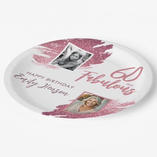 60と素晴らしいピンクのグリッター2写真60誕生日 ペーパープレート (アングル)
