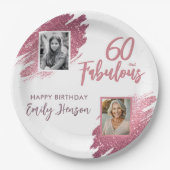60と素晴らしいピンクのグリッター2写真60誕生日 ペーパープレート (正面)