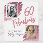 60と素晴らしいピンクのグリッター2写真60誕生日 ワインラベル (シングルラベル)