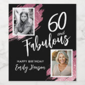 60と素晴らしいピンクのグリッター2写真60誕生日 ワインラベル (シングルラベル)