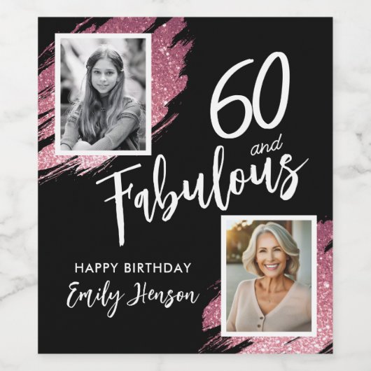 60と素晴らしいピンクのグリッター2写真60誕生日 ワインラベル (シングルラベル)