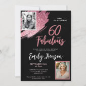 60と素晴らしいピンクのグリッター2写真60誕生日 招待状 (正面)