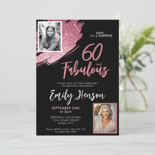 60と素晴らしいピンクのグリッター2写真60誕生日 招待状 (スタンド正面)